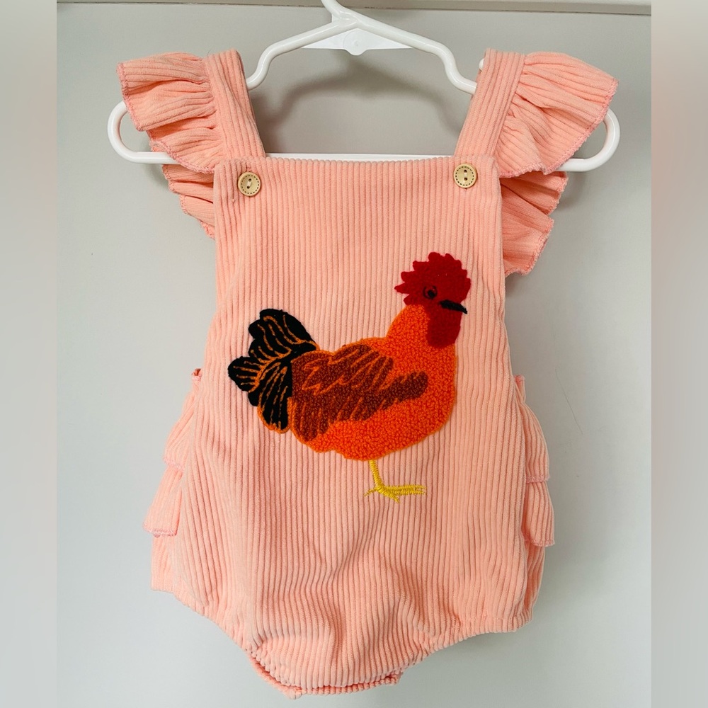 Rooster Chicken Corduroy Romper Ruffles Infant Baby Girl 3-6 Months Farm Barn